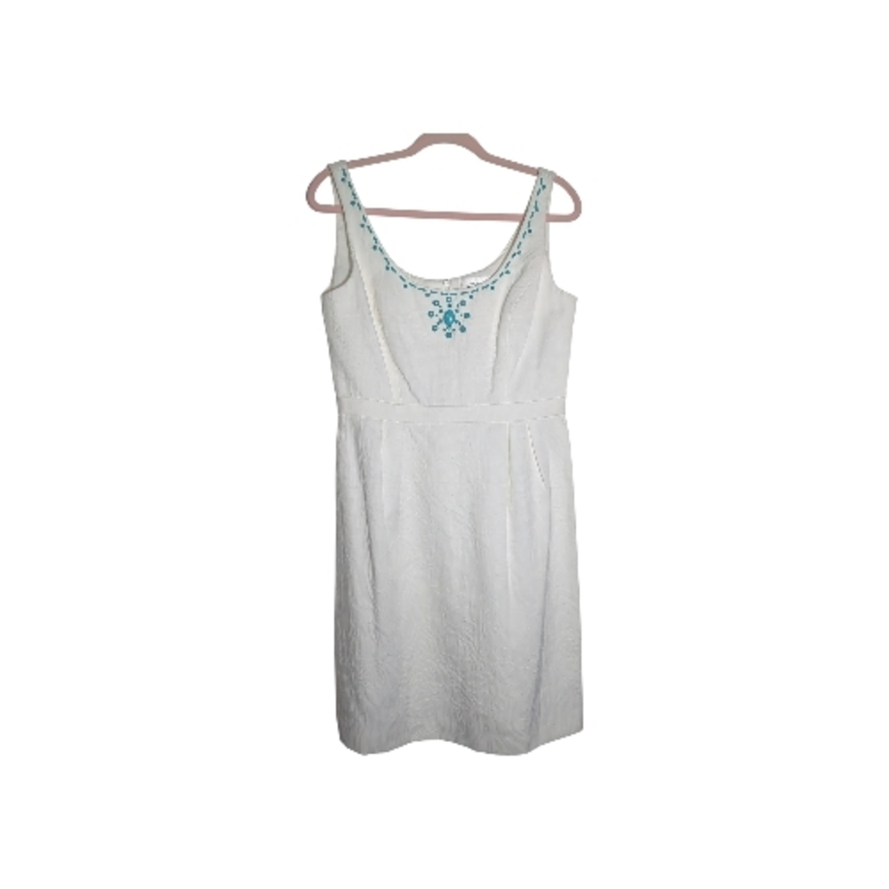 Studio I Sz 10 White Jacquard Sleeveless Sheath Dress Turquoise Beading Coastal